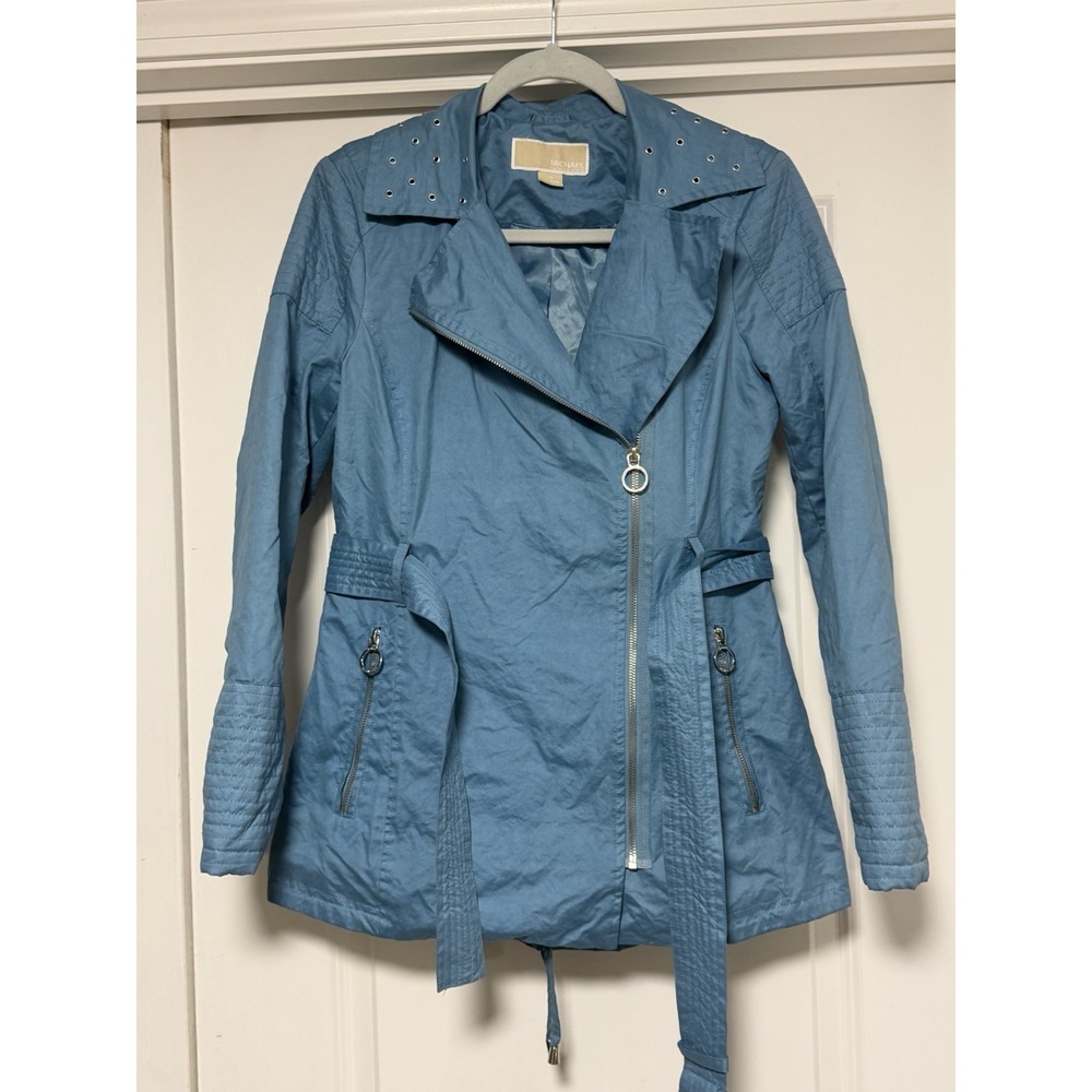Michael Kors asymmetrical belted moto trench jacket, Women's Size XS, Blue